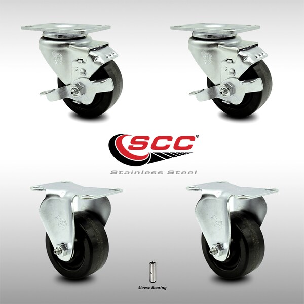 3.5 Inch SS Phenolic Top Plate Caster Set with 2 Brake 2 Rigid